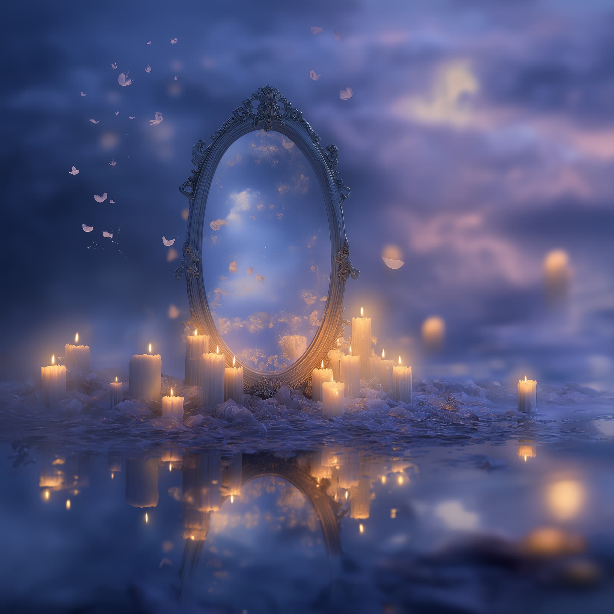 Gold-lit mirror altar with candles
